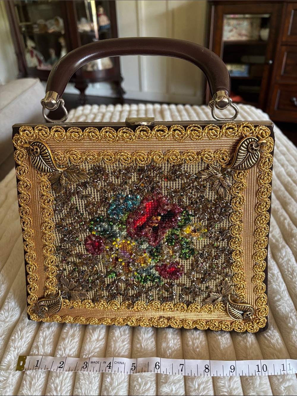 Vintage-Inspired Floral Beaded Top-Handle Bag in Gold and Brown